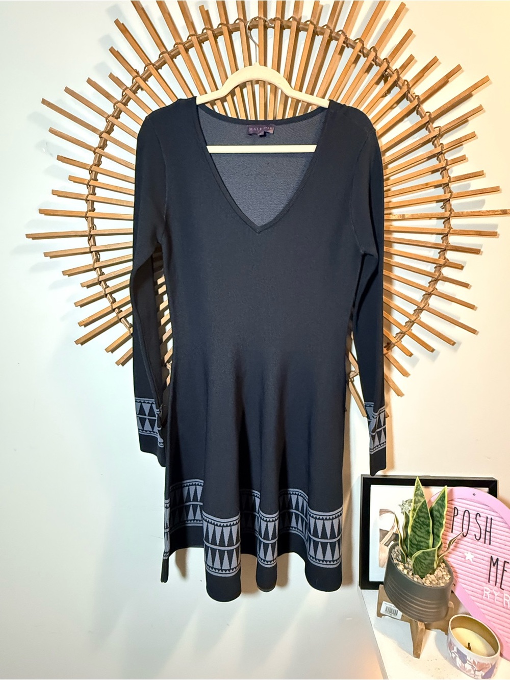 Hale Bob Black Knit Fit & Flare Mini Dress A-Line w Geo Pattern Boho Tribal